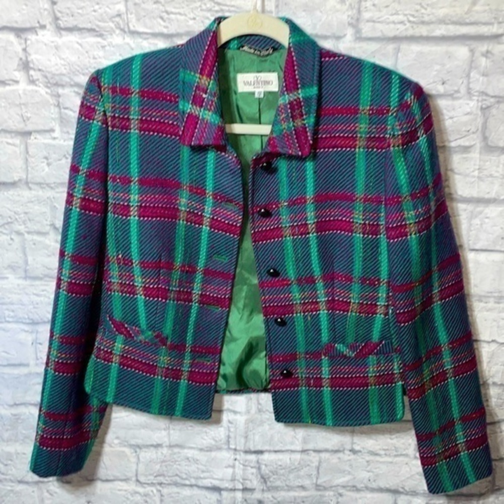 Vintage Valentino Miss V Classic Plaid Wool Button Down Blazer Cardigan Jacket - Picture 1 of 10